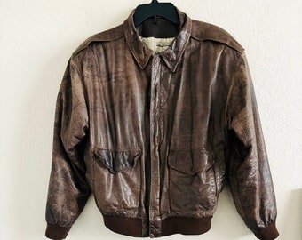 Men’s Vintage Brown Leather Flight Pilot Bomber Jacket Pockets Size Medium