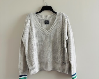 Y2K Abercrombie & Fitch Sweater Gray Cable Knit V-Neck Cotton Women XL Preppy Academia