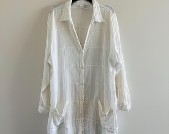 VTG Cherokee Tunic Top Button Up Beige Cotton Women 1X Coastal Grandma Beach Gauze Boho