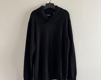 Vintage Chaps Pullover Trui Zwart Katoen Sjaalkraag Elleboogstukken Heren Maat L Preppy Paardrijstijl Old Money