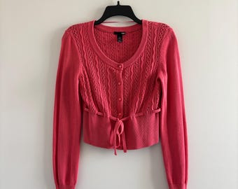 Y2K H&M vest trui roze pointelle gebreid met trekkoord crop klein preppy coquette