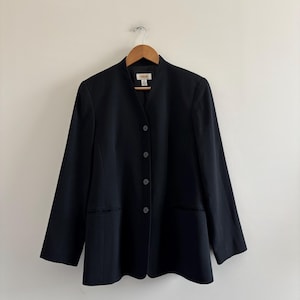 VTG Talbots Blazer Black Wool Collarless Womens 12 Office 90s Minimalist USA