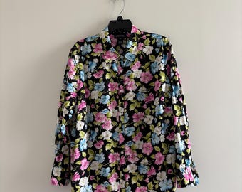 VTG Jones New York Topp med Knappar Långärmad Blommig Svart Färgglad 2X Kontors Casual Camp Boho