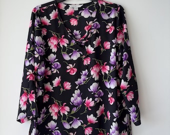 VTG Counterparts Blus Blommig Rosa Lila Långärmad Chiffong Dam M Boho Bloom 90-tal