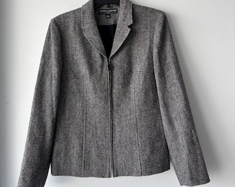 VTG Kasper Jacket Black White Tweed Wool Stretch Full Zip Womens 8 Office Classic