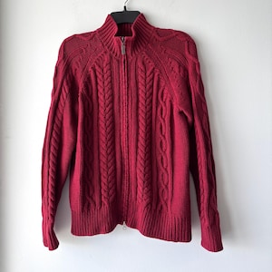 VTG Eddie Bauer Cardigan Sweater Full Zip Red Cable Knit Cotton Fisherman Womens Medium