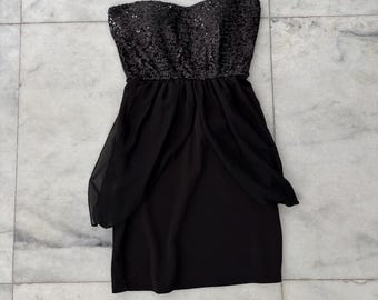 Y2K Papaya Dress Mini Black Sequin Strapless Sweetheart Neck Women M USA Prom Whimsigoth Glam