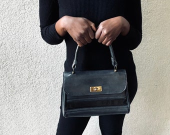 80s Vintage Charcoal Gray Leather Top Handle Bag Gold Hardware