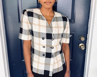 90s Le Suit Tan Plaid Collarless Double Breasted Blazer