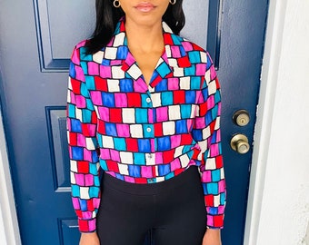 Alison Daley 90s VTG Colorful Window Pane Chiffon Blouse