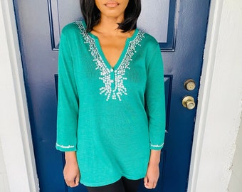 90s Green Sequin Embellished V Neck Pullover Sweater