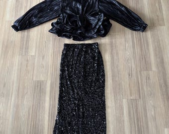 VTG Paljettkjol Blus Set Svart Volang S Elegant Formell Avantgarde Retro 80-talsdynastin