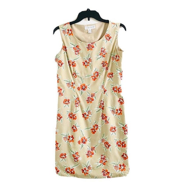 90s Vintage Casual Corner Tan Floral Sheath Dress