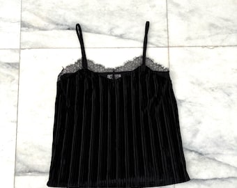 Vintage Andrea Jovine Black Velvet Camisole Tank Lace Trim Fairy Goth Womens Large