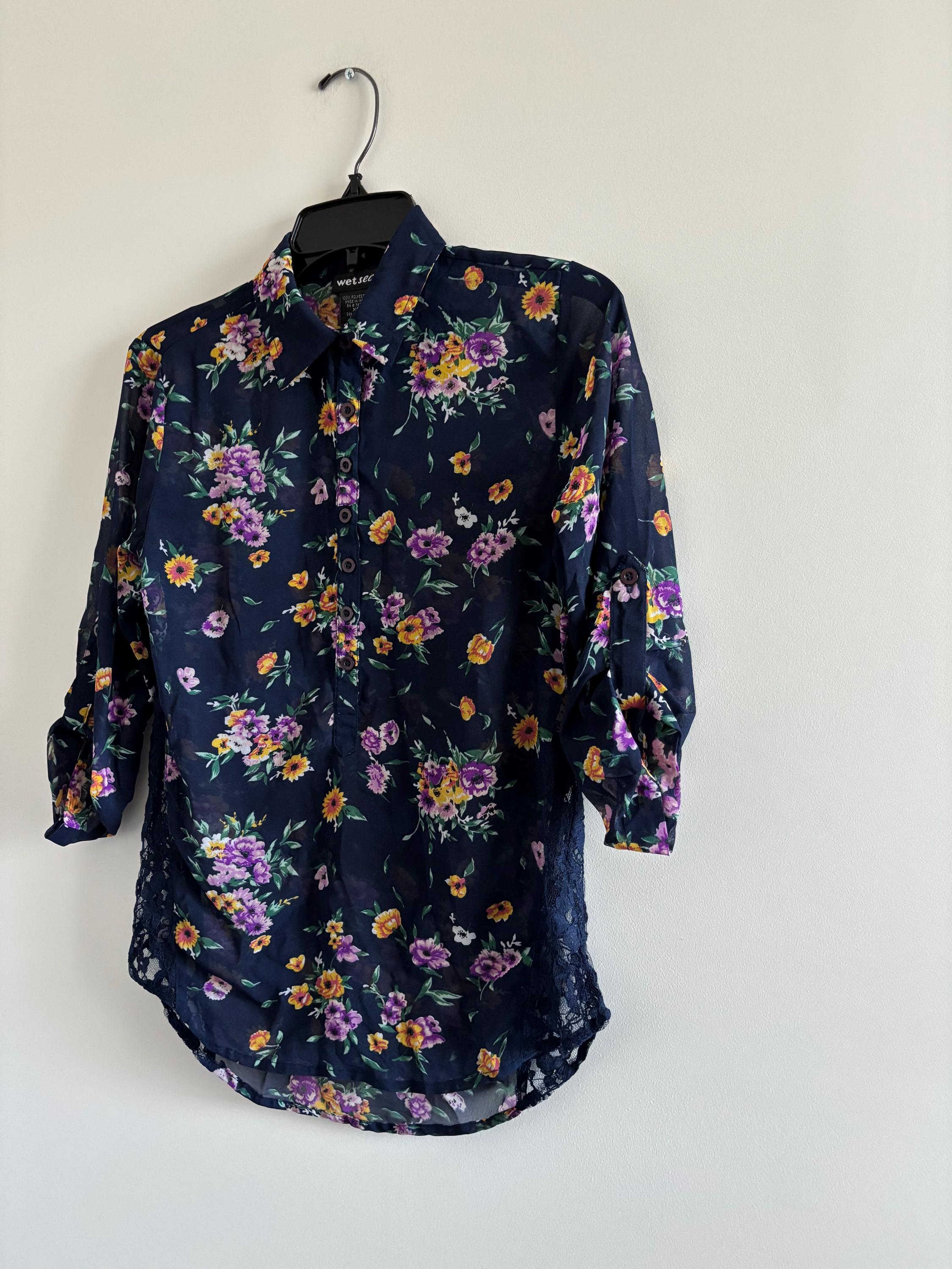 Y2K VTG Wet Seal Top Blue Floral Sheer Button up Chiffon Womens XS