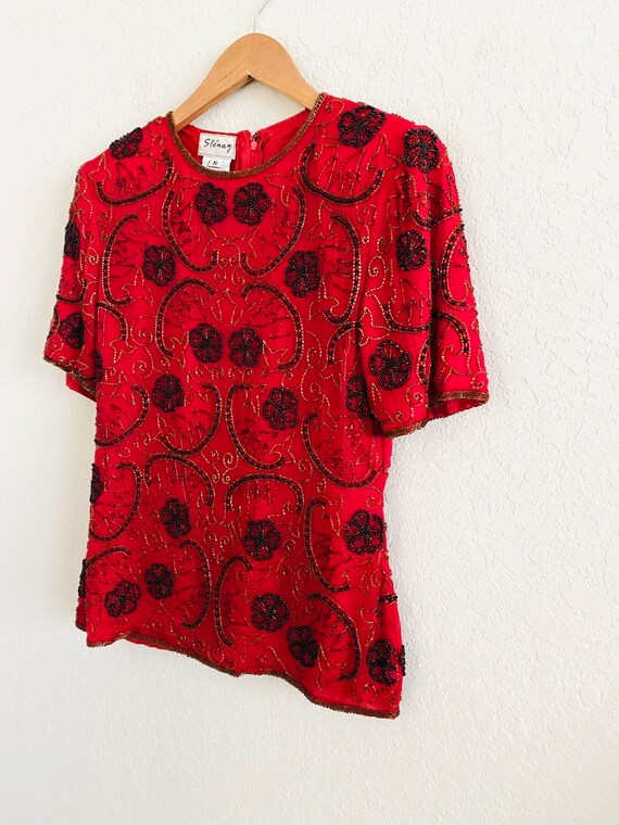 Stenay 80s Vintage Red Sequin Silk Floral Embroid… - image 4