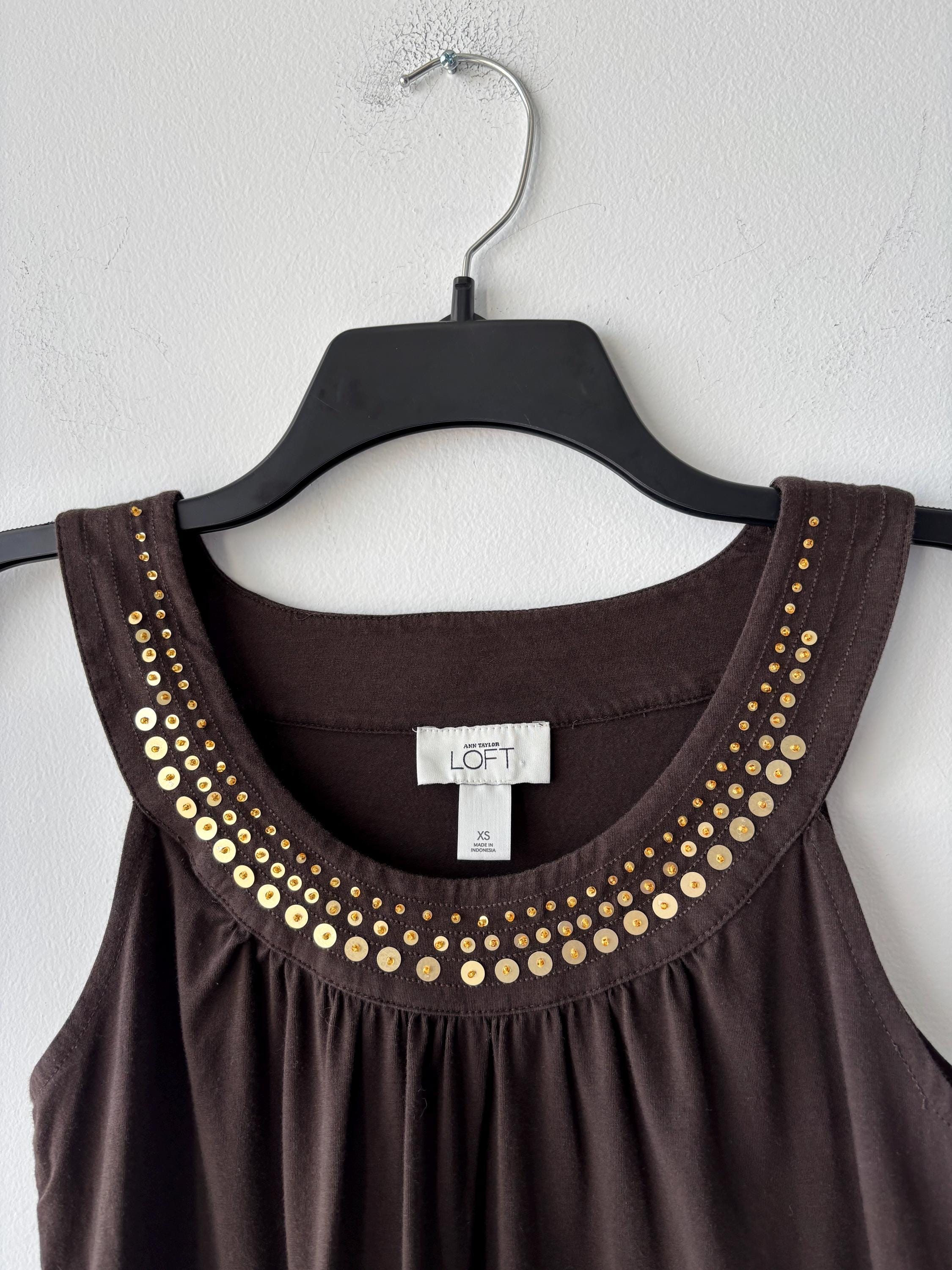 VTG Ann Taylor LOFT Mini Dress Sleeveless Brown Sequin Neck Womens XS Boho Y2K