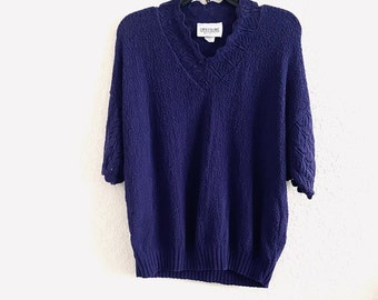 Carly Blake 90s Vintage Purple Cable Knit Cotton V Neck Sweater USA Size Large