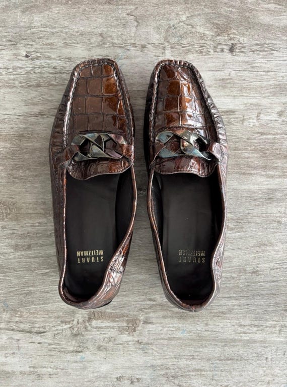 VTG Stuart Weitzman Loafers Flats Leather Brown Embossed  display picture 3