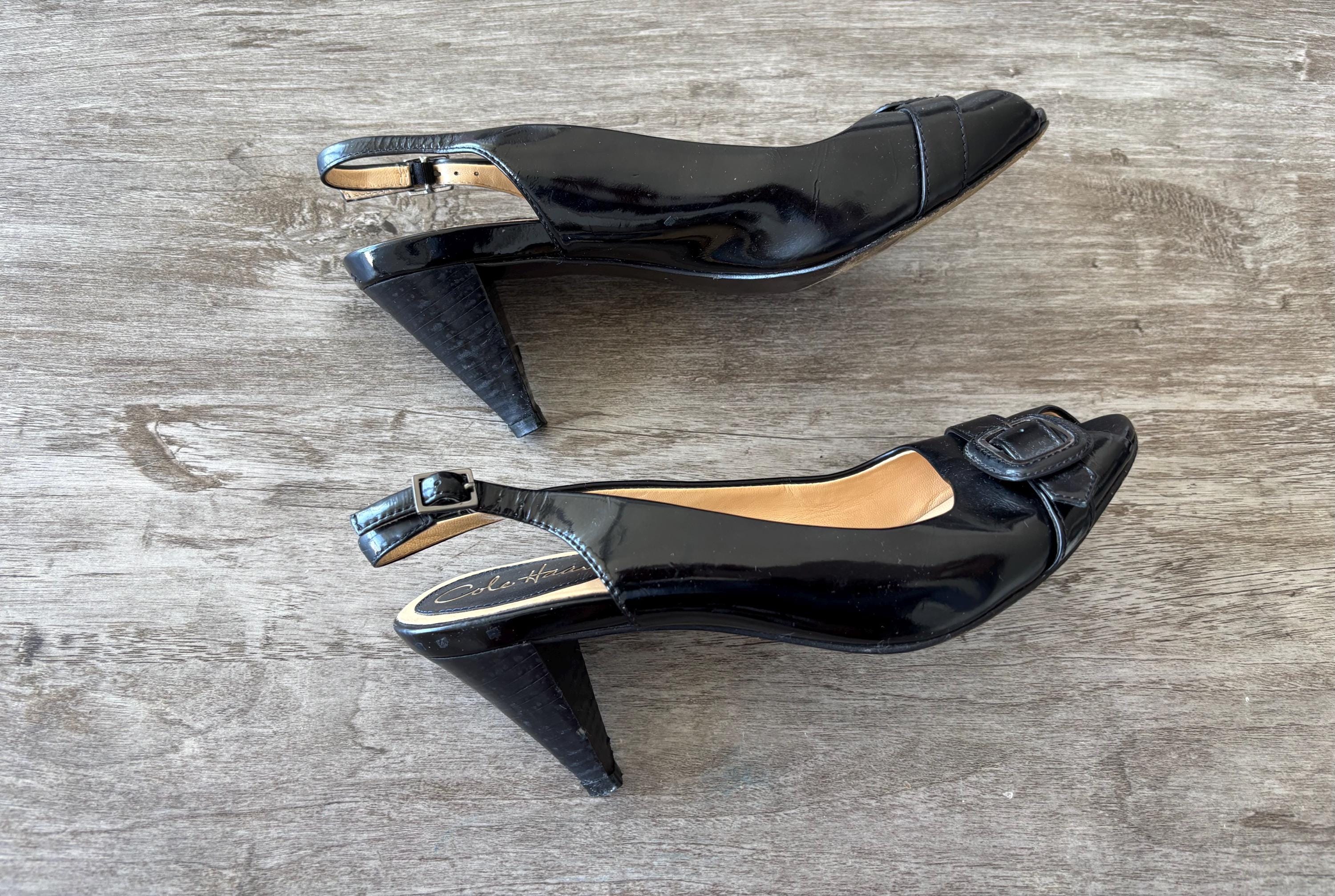 VTG Cole Haan Heels Black Slingback Open Toe Patent Leather 