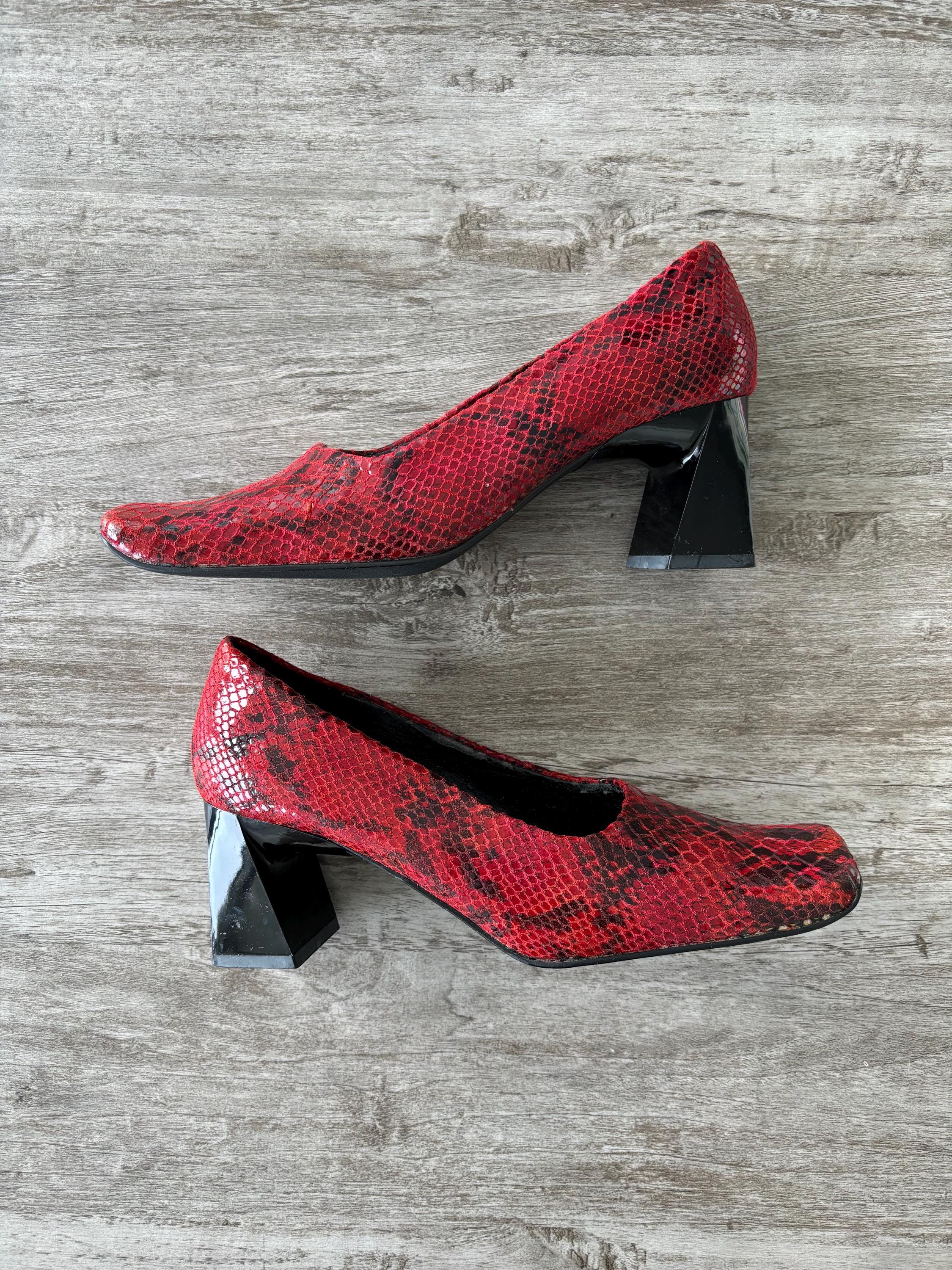 Vintage Me Too Red Snake Print Leather Square Toe Block High