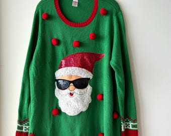 Ugly Christmas Sweater Santa Claus Sunglasses Sequins Pom Pom Green Women’s 3X