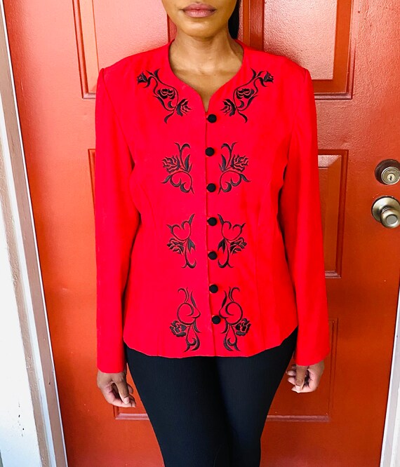 90s Vintage Karin Stevens Red Embroidered Faux Su… - image 4