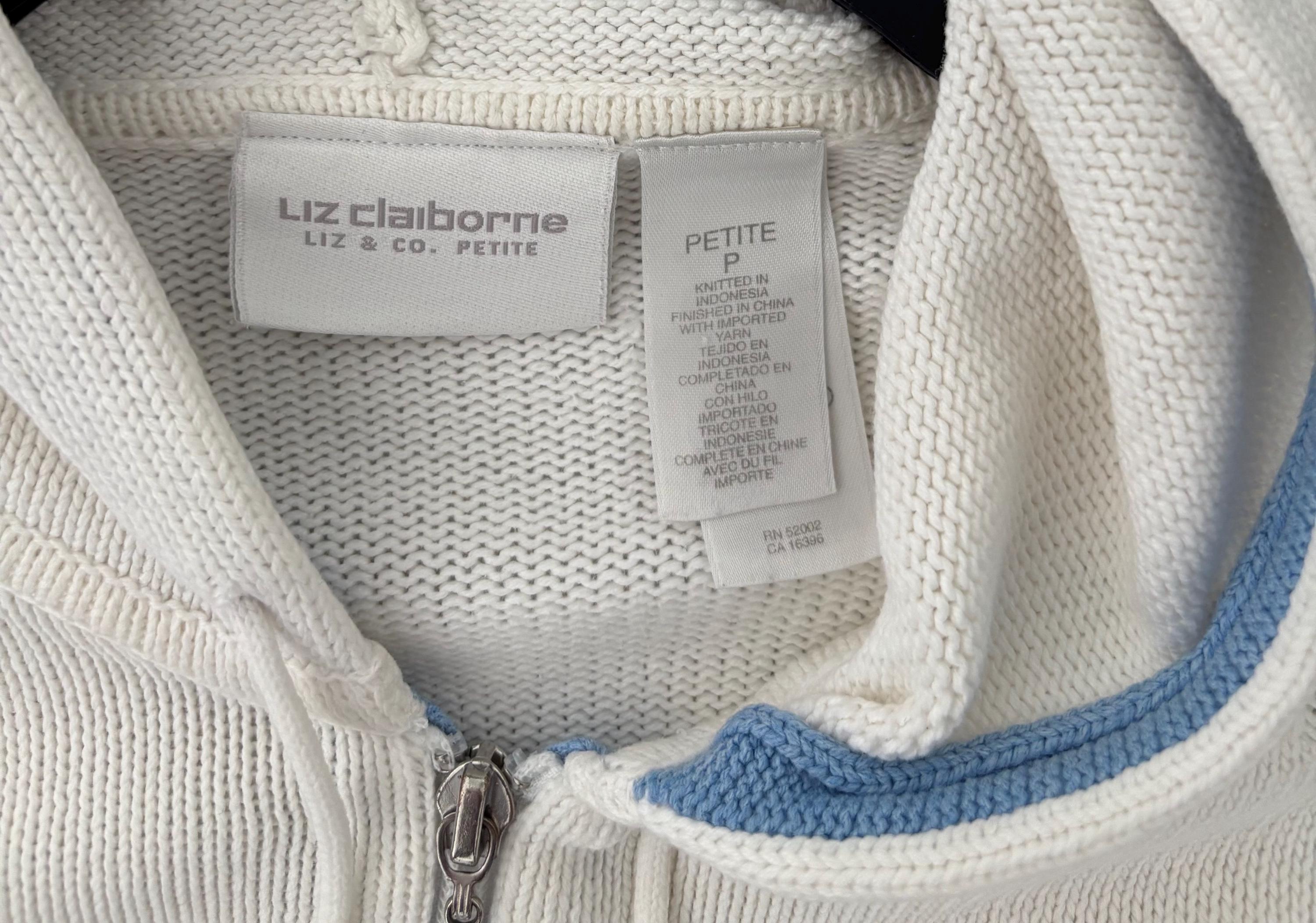 VTG Liz Claiborne Jacket White Knit Zip Hooded Cotton Women PS 