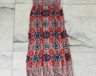 VTG Angie Maxi Dress Colorful Printed Smocked Strapless Women M Y2K Boho Hippie