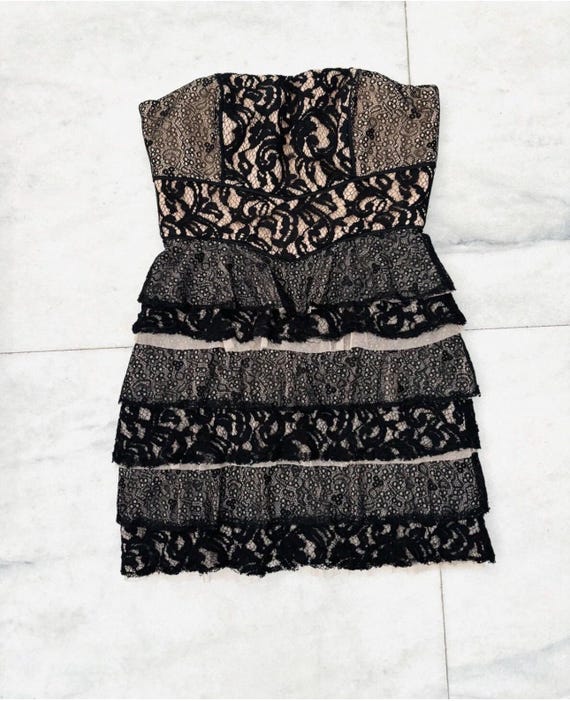 bcbgmaxazria black lace dress Lace Bodice Chiffon Rufle Gown