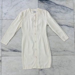 Vintage Scarlett Dress Embroidered Ivory Button Down  Knee Long Sleeve Women 8 Wedding
