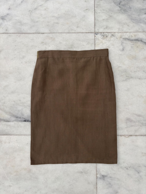 Versace, VTG Gianni Versace Pencil Skirt Linen Brown Womens 12 Office Resort 90s Italy