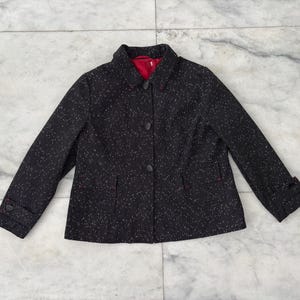 Women’s Vintage Jacket Black White Print Wool Blend Tweed Lined Pockets Size 14