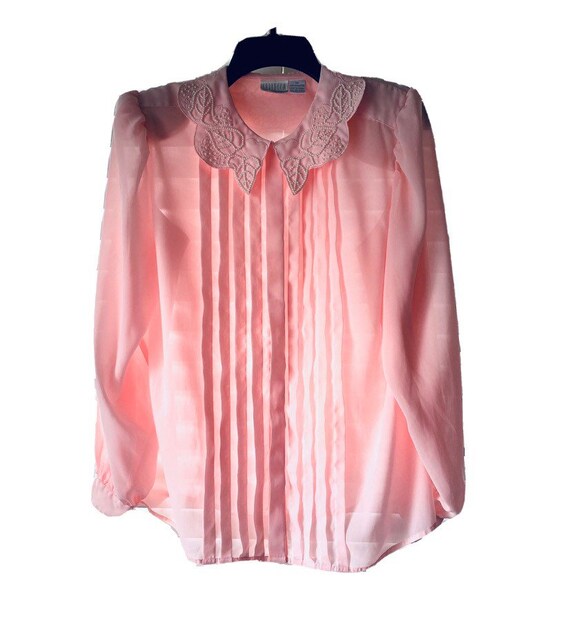 80s SELLECCA Blush Pink Pearl Collar Chiffon Blou… - image 5