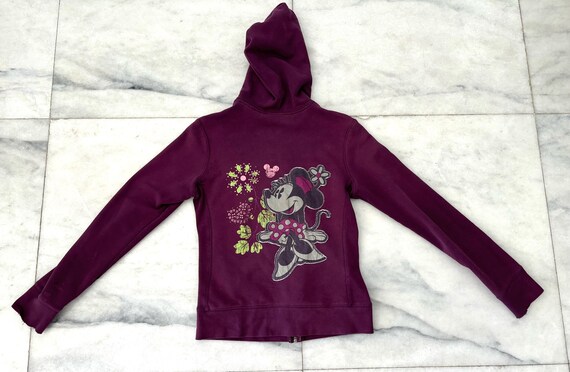 Y2K Minnie Mouse Walt Disney World Hoodie Purple Distressed Grunge Full Zip Womens Small
