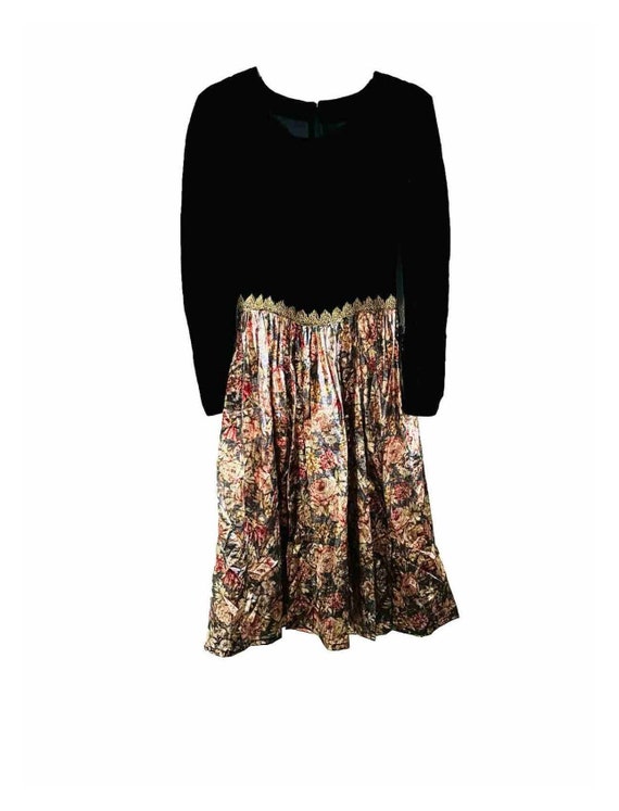 90s Vintage Velvet Satin Black Floral Long Dress … - image 1