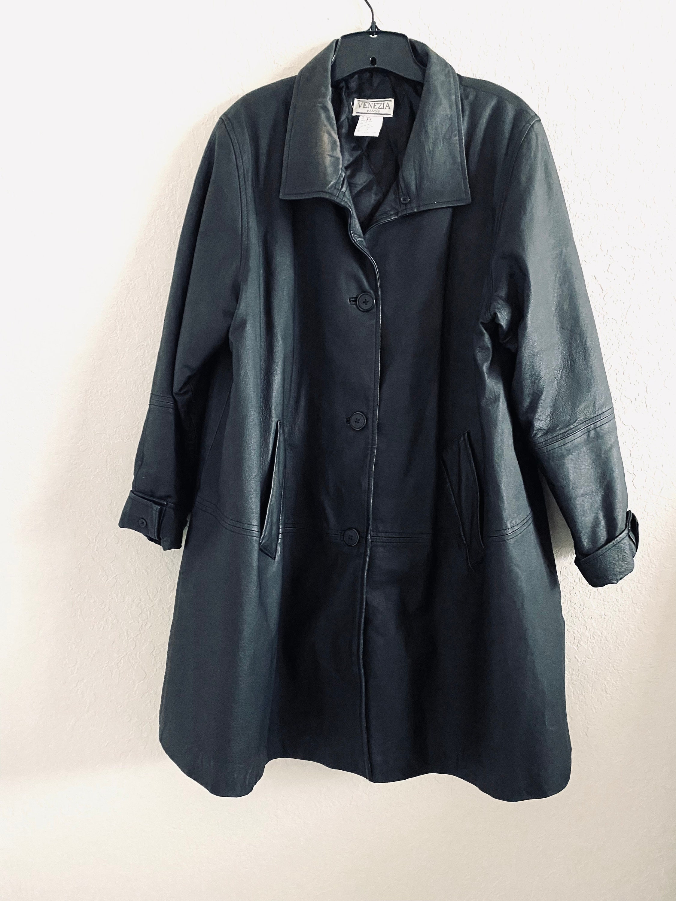 Venezia Vitale Black Vintage Long Leather Collared Jacket Size A8