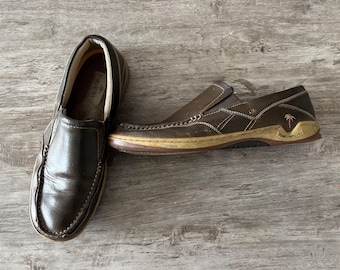 VTG Tommy Bahama Havana Slip On Shoes Loafers Margaritaville Brown Leather Mens 12 Boat Preppy