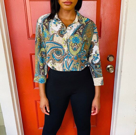 90s Alia Teal Blue Paisley Print Chiffon Blouse 90