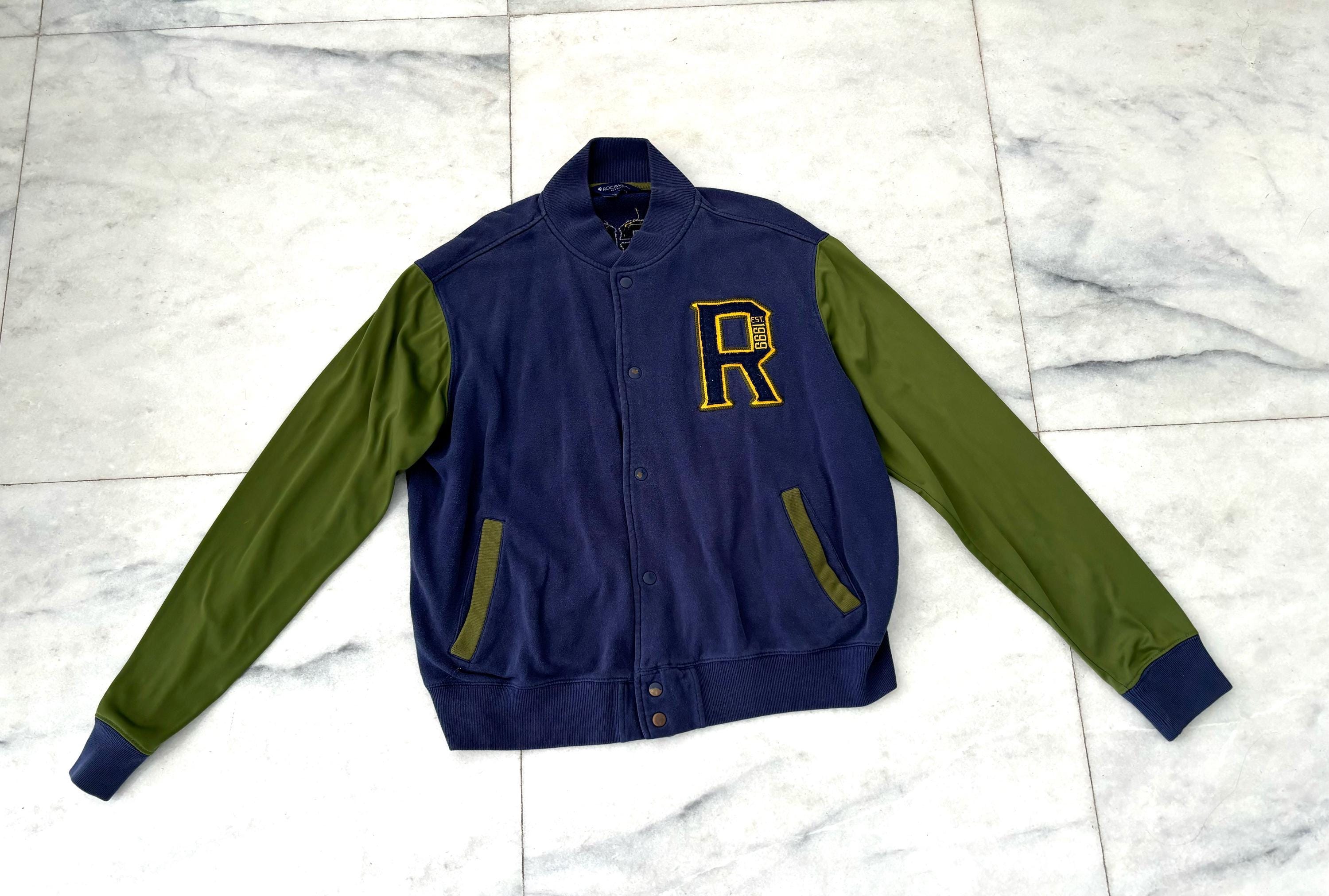 Y2K ROCAWEAR Varsity Bomber Jacket Rugged Never Smooth Green Blue 