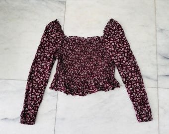 Womens Burgundy Floral Smocked Blouse Long Sleeve Wild Fable Boho Cottagecore Babydoll Large