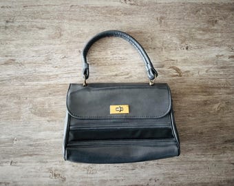 VTG Handbag Leather Gray Black Top Handle Gold Hardware Old Money Classic 70s
