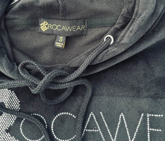 Y2K ROCAWEAR Hoodie Black Velour Velvet Rhinestone Logo Womens S