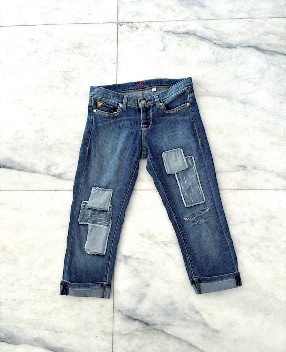 Y2K 2b BEBE Patchwork Denim Capri Jeans Size 26