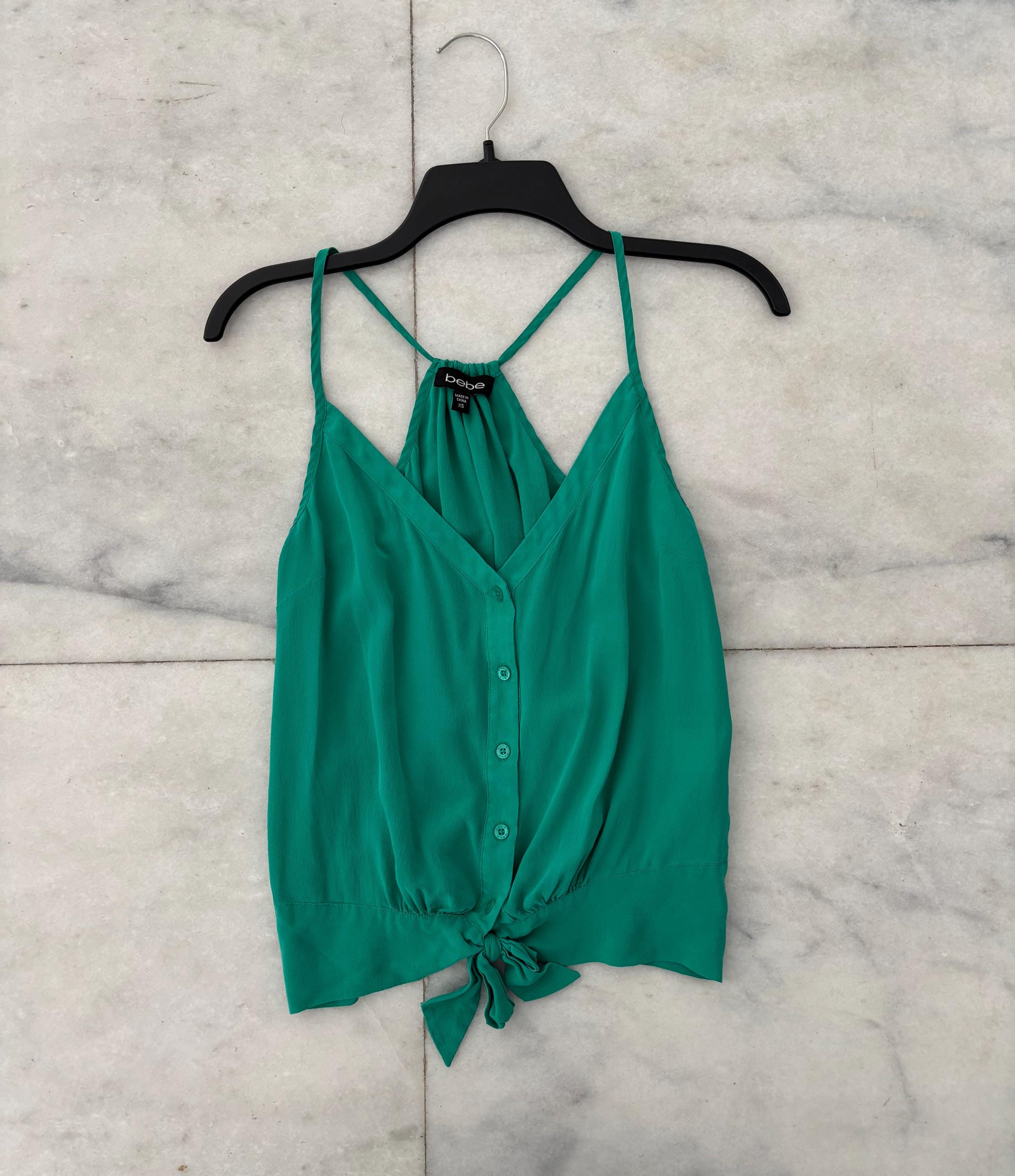 ♡bebe♡ Y2K BEBE Tank Top Green Silk Button up V-neck Tie Racerback Womens