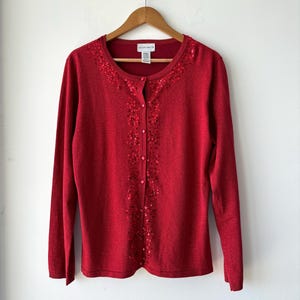 Vintage Jaclyn Smith Red Sequin Cardigan Metallic Knit Christmas Sweater Womens Large