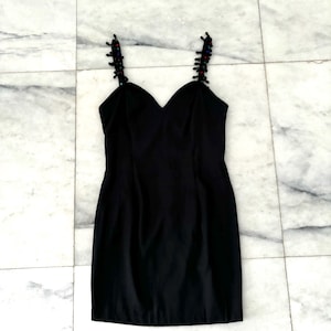 Vintage Roberta Jewel Strap Mini Dress Black Sweetheart Neck Womens 9/10 Made in the USA