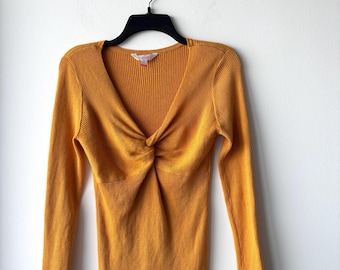 VTG No Boundaries Sweater Pullover Ribbed Knit Orange Yellow Scoop Neck Long Sleeve Women XL Preppy