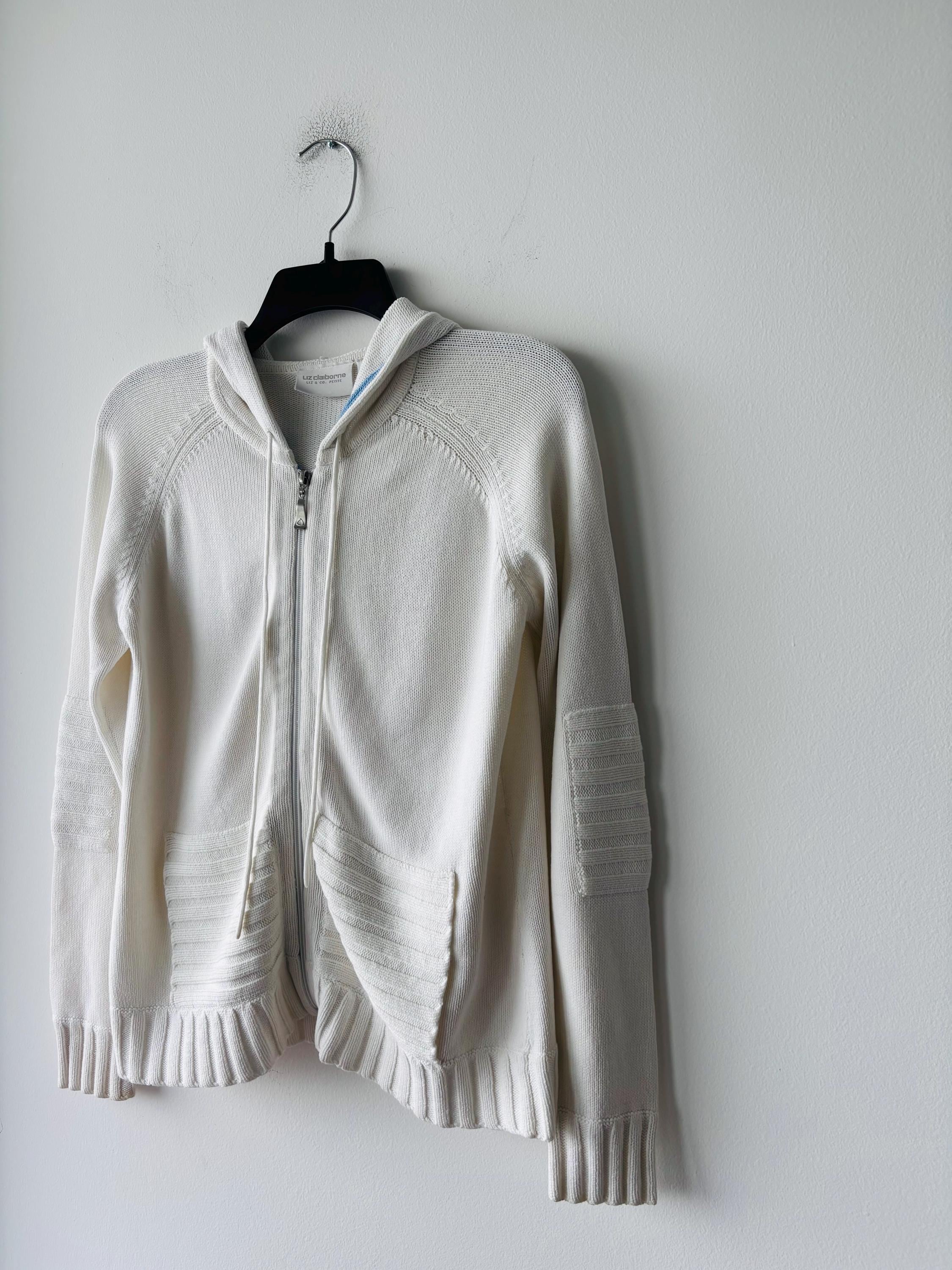 VTG Liz Claiborne Jacket White Knit Zip Hooded Cotton Women PS