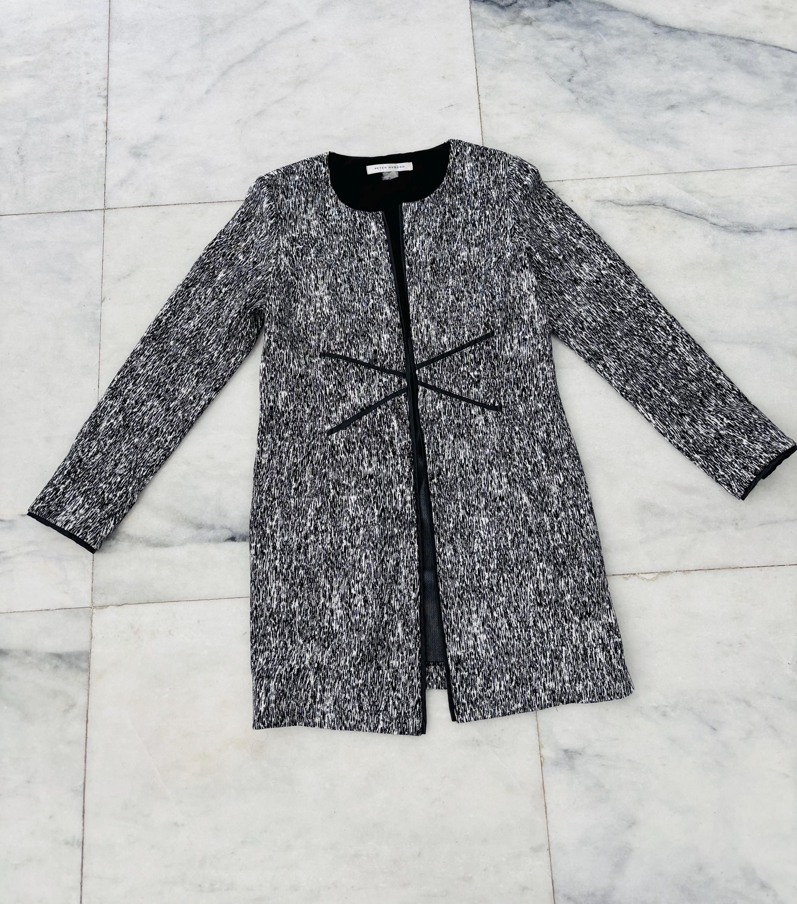 Vintage Peter Nygard Overcoat Black White Print Collarless Stretch Women 8 Art To Wear